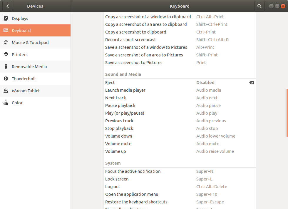 Settings of keyboard layout